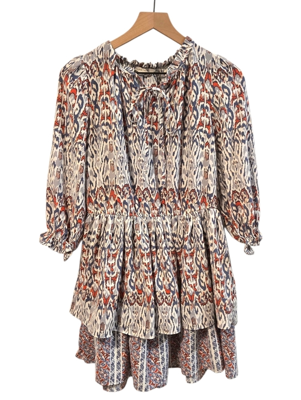 Black Tape Blue Red Ikat Tiered Ruffled Three-Quarter Sleeve Mini Dress Large
